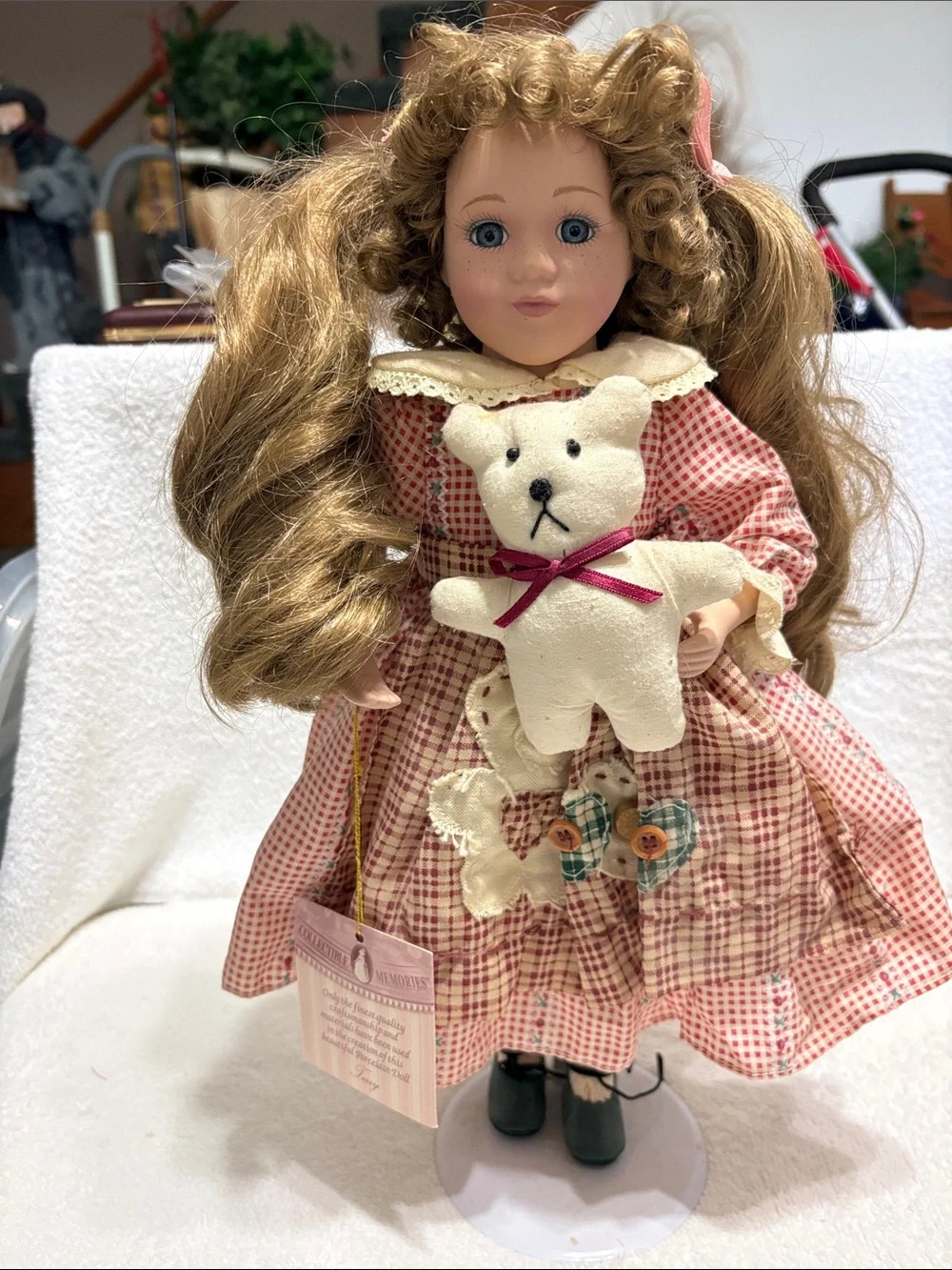 Classic Pink Plaid Doll with Curly Hair and Teddy Accessory